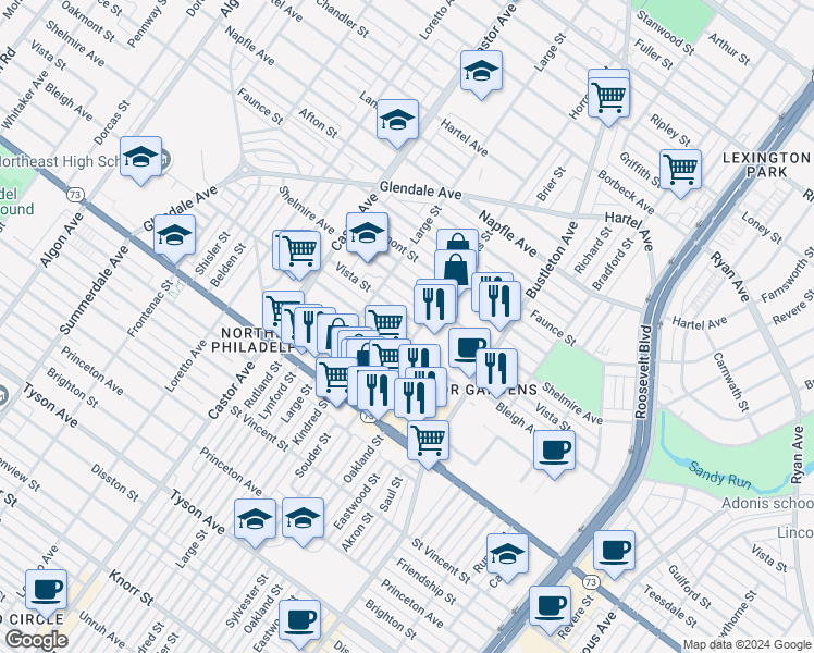 map of restaurants, bars, coffee shops, grocery stores, and more near 2136 Vista Street in Philadelphia