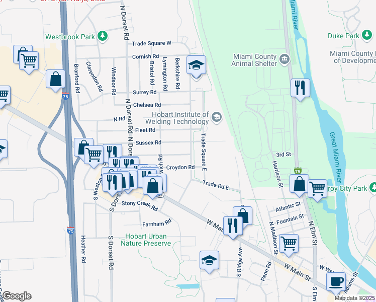 map of restaurants, bars, coffee shops, grocery stores, and more near 1303 Covent Road in Troy