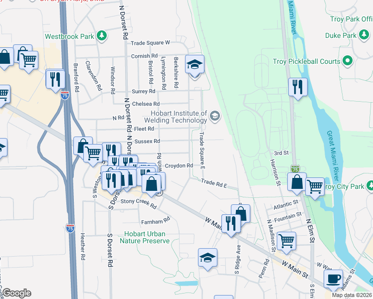 map of restaurants, bars, coffee shops, grocery stores, and more near 1303 Covent Road in Troy