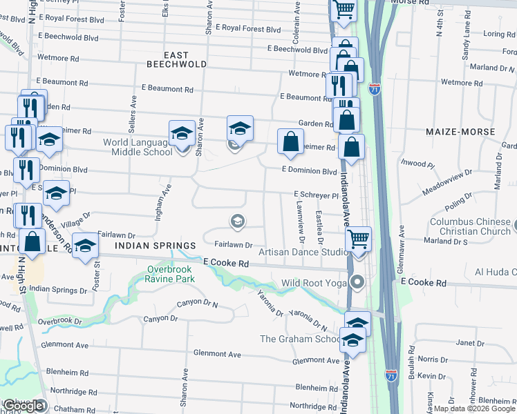 map of restaurants, bars, coffee shops, grocery stores, and more near 4299 Colerain Avenue in Columbus