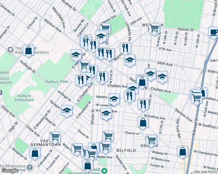 map of restaurants, bars, coffee shops, grocery stores, and more near 2102 East Chelten Avenue in Philadelphia