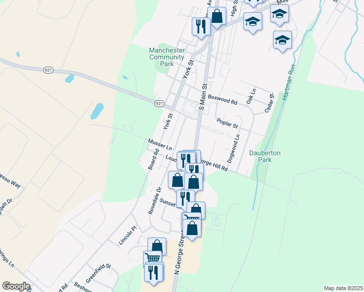 map of restaurants, bars, coffee shops, grocery stores, and more near 239 Cloverlane Drive in Manchester