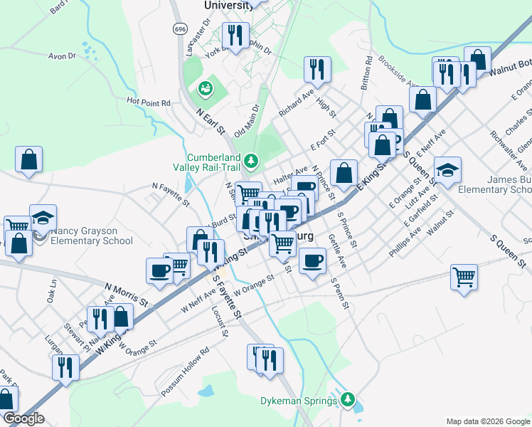 map of restaurants, bars, coffee shops, grocery stores, and more near 28 North Earl Street in Shippensburg