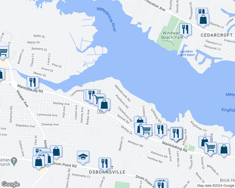 map of restaurants, bars, coffee shops, grocery stores, and more near 77 Pinehurst Road in Brick