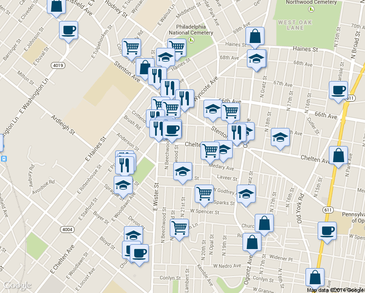 map of restaurants, bars, coffee shops, grocery stores, and more near 2104 E Chelten Ave in Philadelphia