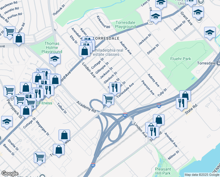 map of restaurants, bars, coffee shops, grocery stores, and more near 9205 Ditman Street in Philadelphia