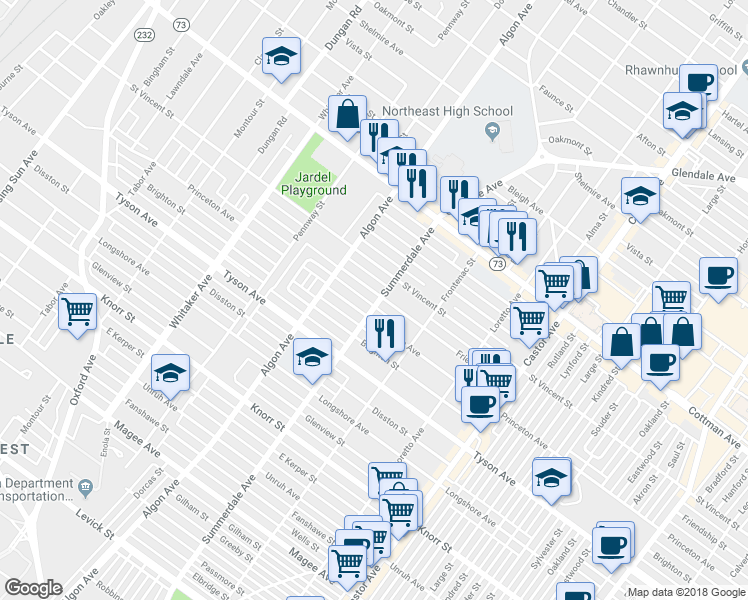 map of restaurants, bars, coffee shops, grocery stores, and more near 1142 Friendship Street in Philadelphia