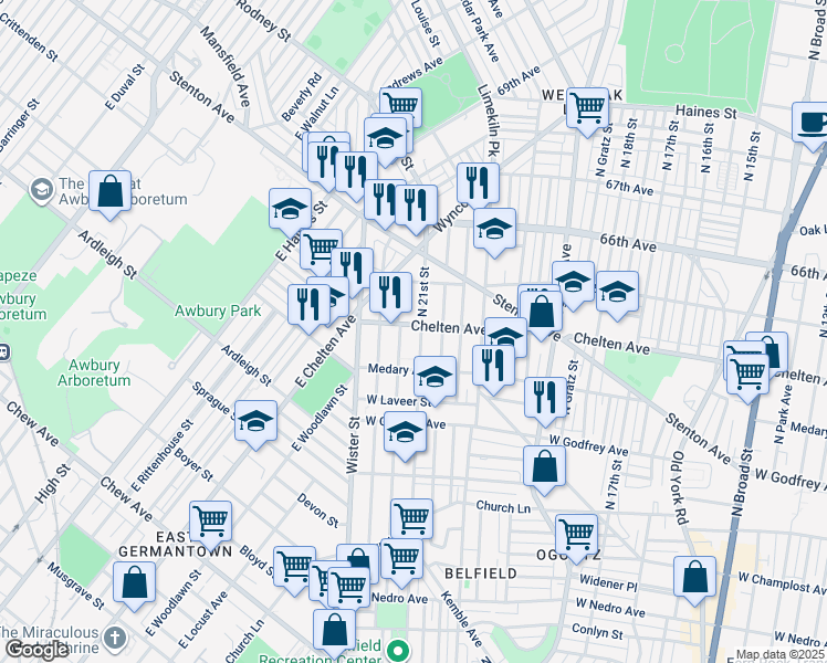 map of restaurants, bars, coffee shops, grocery stores, and more near 2104 E Chelten Ave in Philadelphia