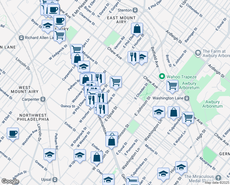map of restaurants, bars, coffee shops, grocery stores, and more near 6600 Ross Street in Philadelphia