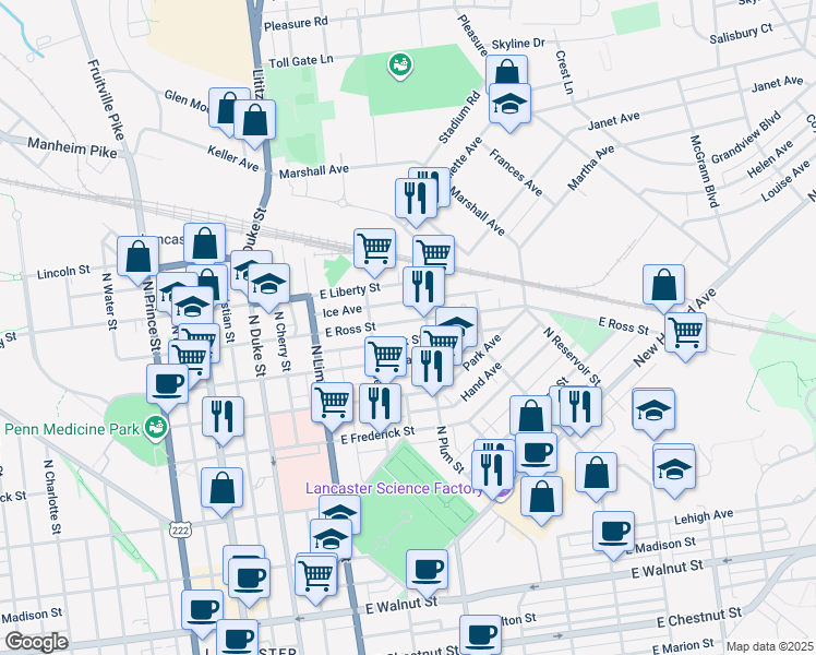 map of restaurants, bars, coffee shops, grocery stores, and more near 338 East Ross Street in Lancaster