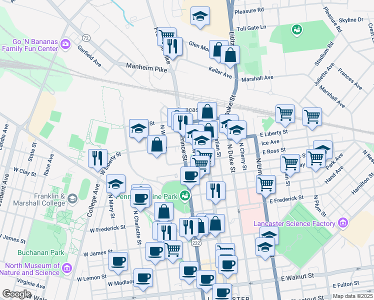 map of restaurants, bars, coffee shops, grocery stores, and more near 871 North Prince Street in Lancaster
