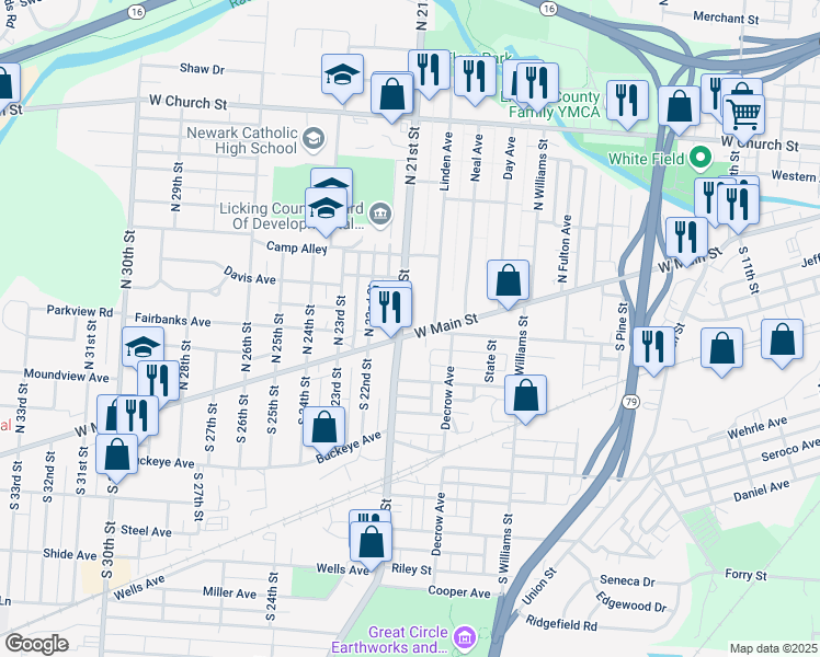 map of restaurants, bars, coffee shops, grocery stores, and more near 728 West Main Street in Newark