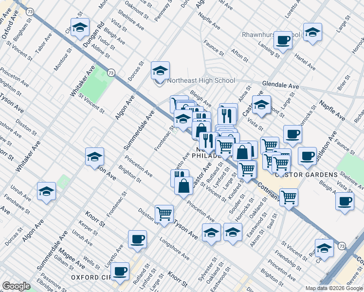 map of restaurants, bars, coffee shops, grocery stores, and more near 1348 Englewood Street in Philadelphia