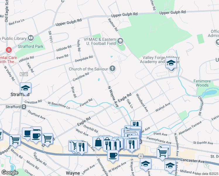map of restaurants, bars, coffee shops, grocery stores, and more near North Wayne Avenue in Wayne