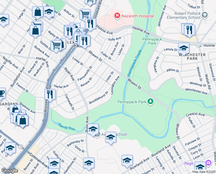 map of restaurants, bars, coffee shops, grocery stores, and more near 7850 Brocklehurst Street in Philadelphia