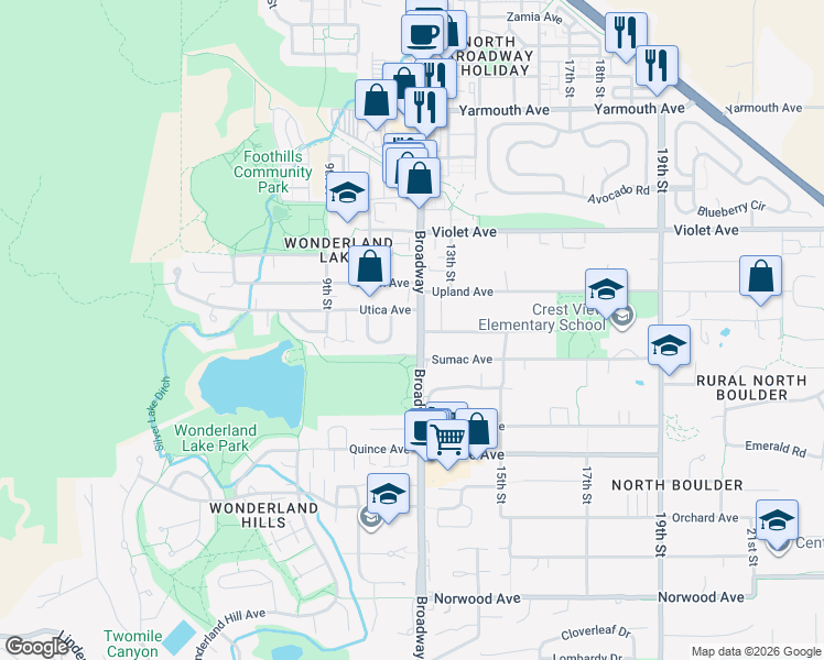 map of restaurants, bars, coffee shops, grocery stores, and more near 4215 Broadway in Boulder