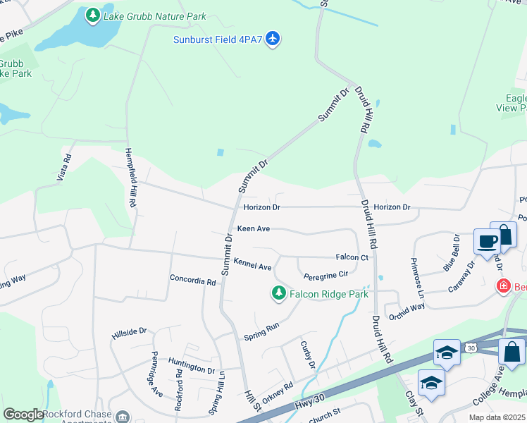 map of restaurants, bars, coffee shops, grocery stores, and more near 3664 Horizon Drive in Lancaster