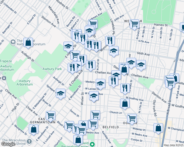 map of restaurants, bars, coffee shops, grocery stores, and more near 2120 East Chelten Avenue in Philadelphia