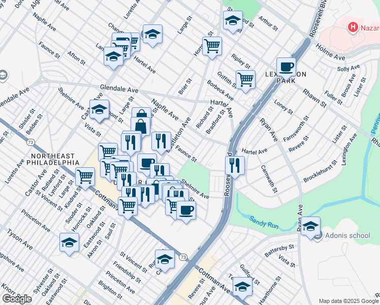 map of restaurants, bars, coffee shops, grocery stores, and more near 2329 Faunce Street in Philadelphia