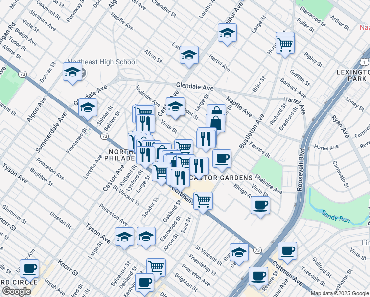 map of restaurants, bars, coffee shops, grocery stores, and more near 2119 Bleigh Avenue in Philadelphia