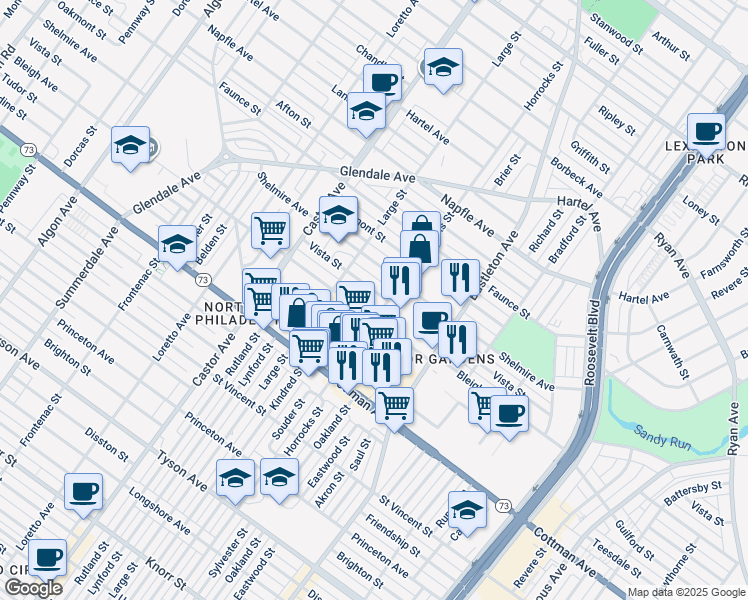 map of restaurants, bars, coffee shops, grocery stores, and more near 2134 Vista Street in Philadelphia