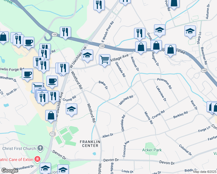 map of restaurants, bars, coffee shops, grocery stores, and more near 133 Baker Drive in Exton