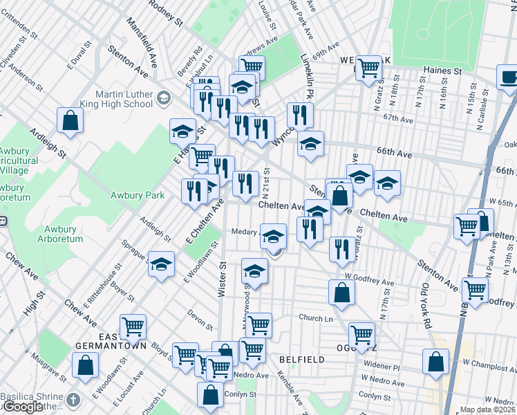 map of restaurants, bars, coffee shops, grocery stores, and more near 6337 North Norwood Street in Philadelphia