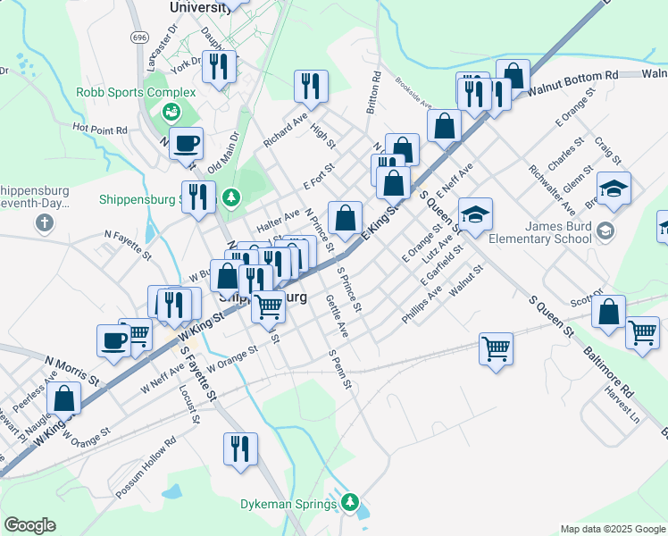 map of restaurants, bars, coffee shops, grocery stores, and more near 5 North Prince Street in Shippensburg