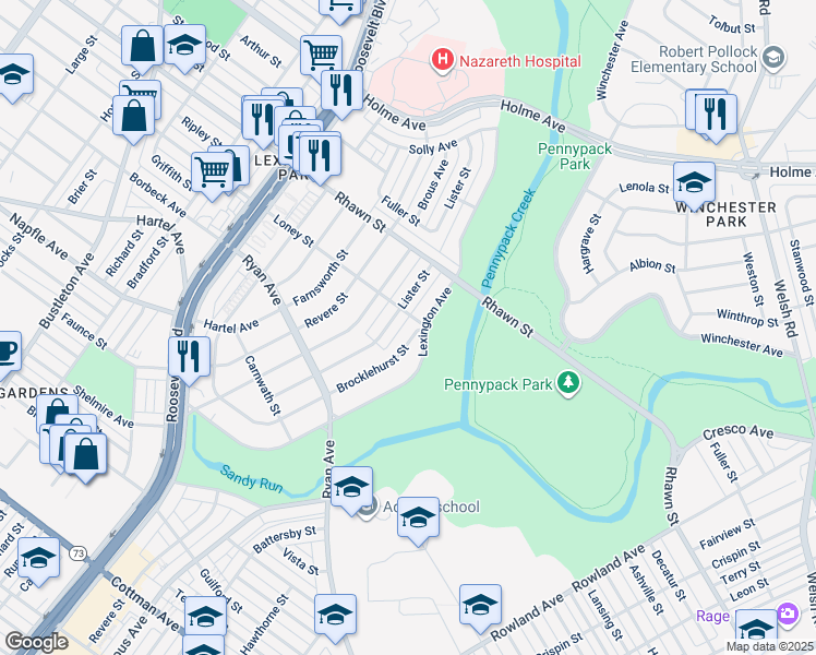 map of restaurants, bars, coffee shops, grocery stores, and more near 7850 Brocklehurst Street in Philadelphia