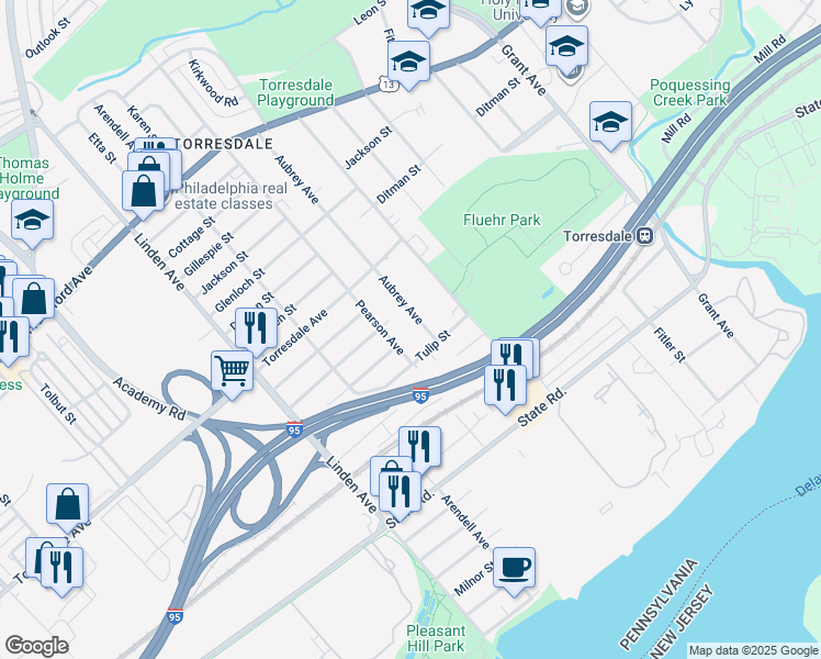 map of restaurants, bars, coffee shops, grocery stores, and more near 4816 Aubrey Avenue in Philadelphia