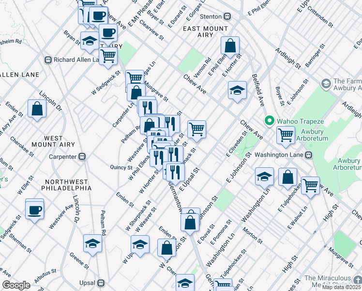 map of restaurants, bars, coffee shops, grocery stores, and more near East Montana Street in Philadelphia