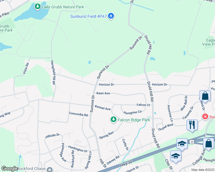 map of restaurants, bars, coffee shops, grocery stores, and more near 3664 Horizon Drive in Lancaster