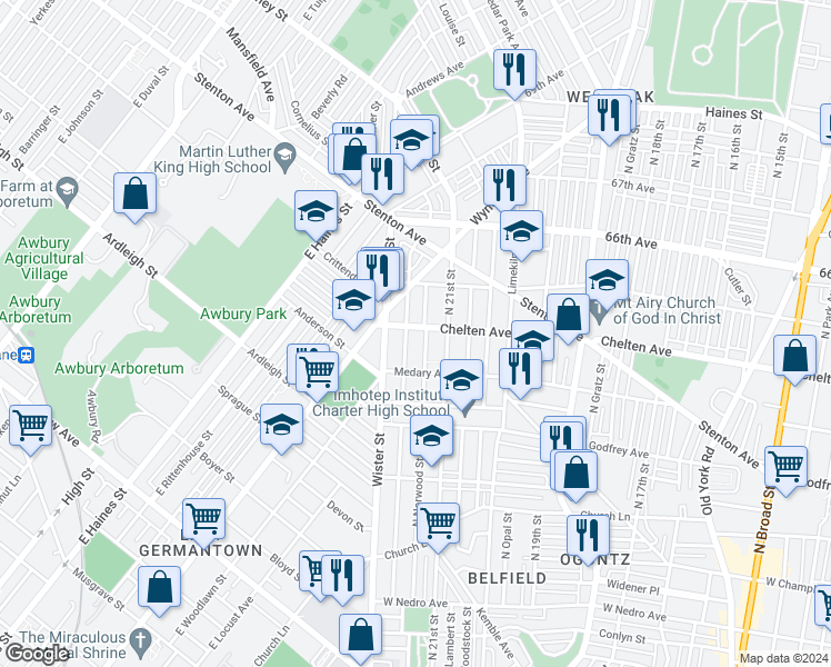 map of restaurants, bars, coffee shops, grocery stores, and more near 2028 East Chelten Avenue in Philadelphia