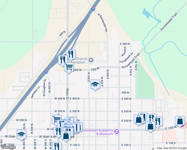 map of restaurants, bars, coffee shops, grocery stores, and more near 596 N 300 E in Payson