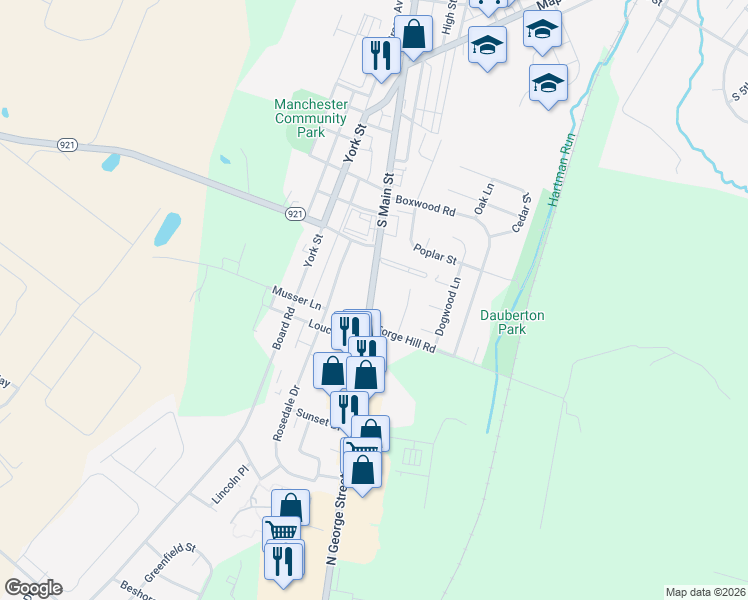 map of restaurants, bars, coffee shops, grocery stores, and more near 241 Pennsylvania 181 in Manchester