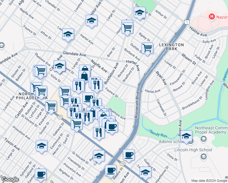 map of restaurants, bars, coffee shops, grocery stores, and more near 2329 Faunce Street in Philadelphia