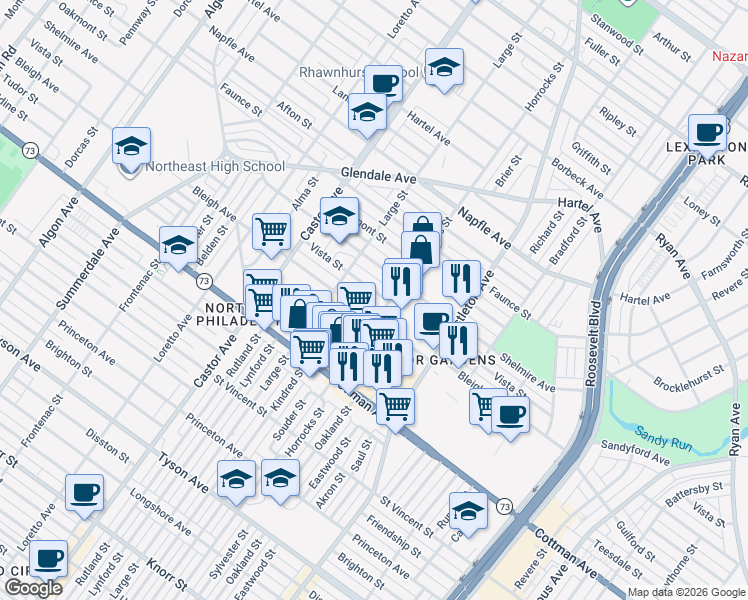map of restaurants, bars, coffee shops, grocery stores, and more near 7400 Bustleton Avenue in Philadelphia