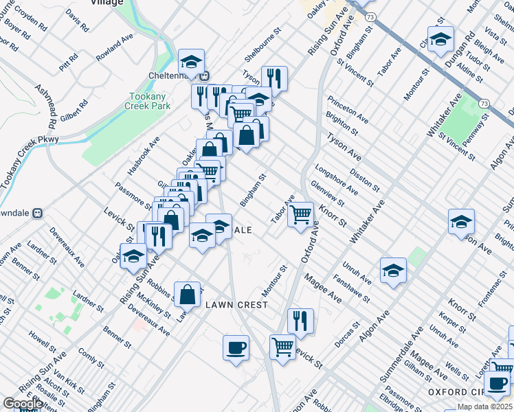 map of restaurants, bars, coffee shops, grocery stores, and more near 614 Unruh Avenue in Philadelphia