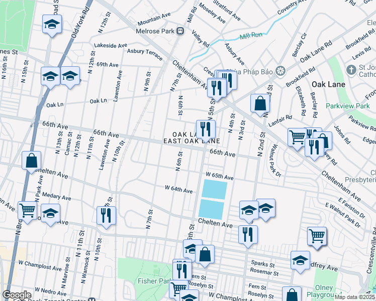 map of restaurants, bars, coffee shops, grocery stores, and more near 6515 North 6th Street in Philadelphia