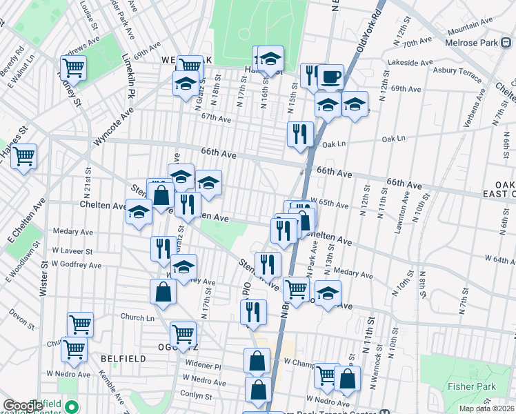 map of restaurants, bars, coffee shops, grocery stores, and more near 6426 North 15th Street in Philadelphia