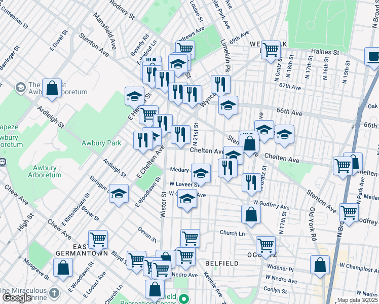 map of restaurants, bars, coffee shops, grocery stores, and more near 6337 North Norwood Street in Philadelphia
