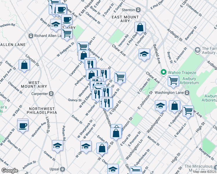 map of restaurants, bars, coffee shops, grocery stores, and more near 73 Montana Street in Philadelphia
