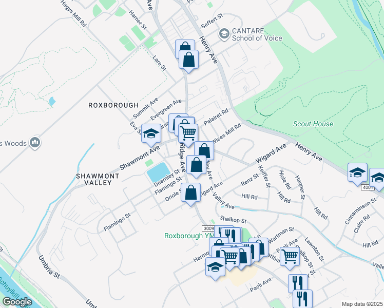 map of restaurants, bars, coffee shops, grocery stores, and more near 7631 Ridge Avenue in Philadelphia