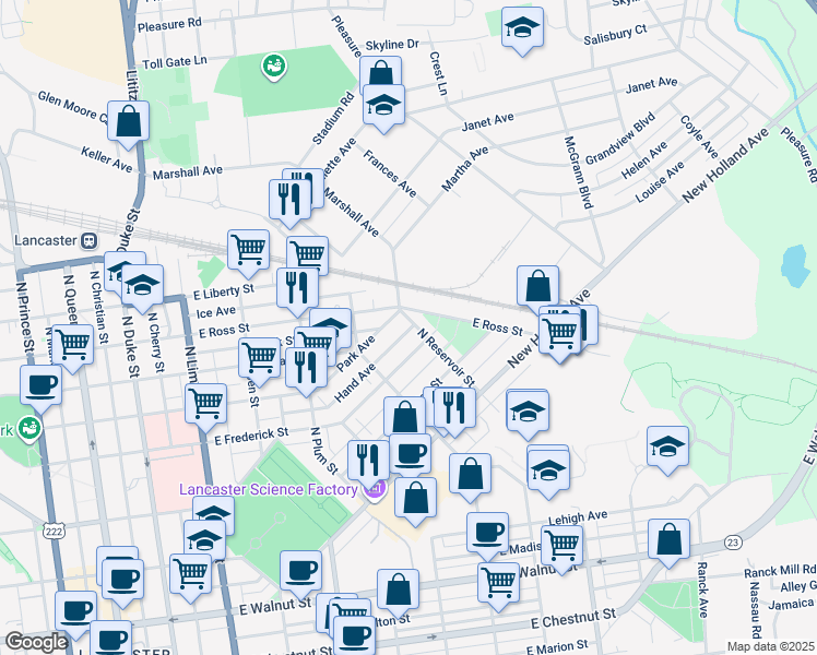 map of restaurants, bars, coffee shops, grocery stores, and more near 820 North Reservoir Street in Lancaster