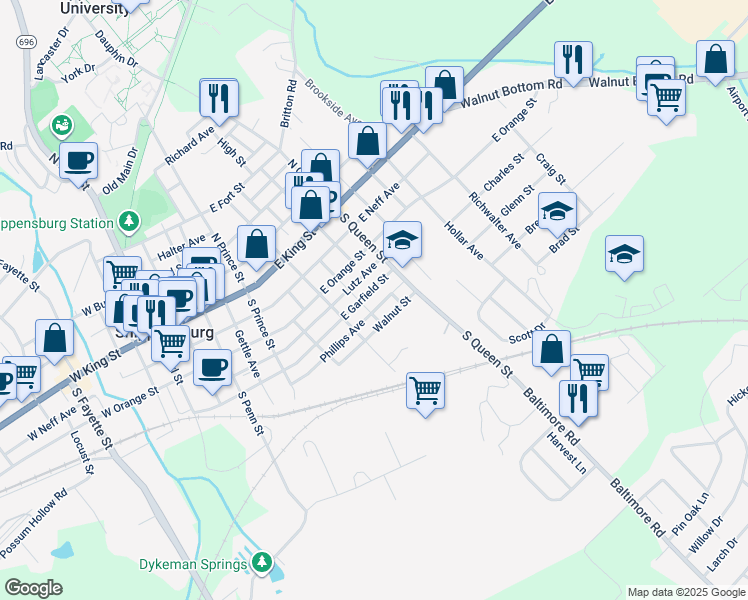 map of restaurants, bars, coffee shops, grocery stores, and more near 322 East Garfield Street in Shippensburg