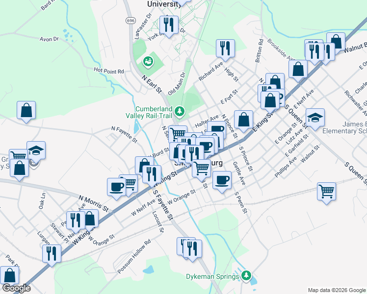 map of restaurants, bars, coffee shops, grocery stores, and more near 28 North Earl Street in Shippensburg