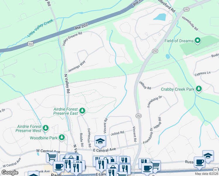 map of restaurants, bars, coffee shops, grocery stores, and more near 1678 Knobb Hill Lane in Paoli