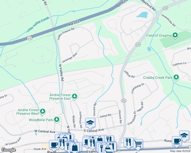 map of restaurants, bars, coffee shops, grocery stores, and more near 1678 Knobb Hill Lane in Paoli