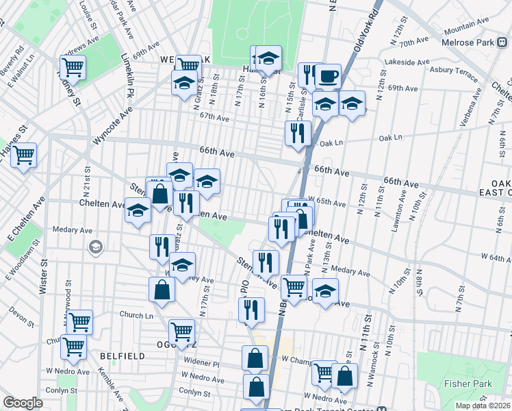 map of restaurants, bars, coffee shops, grocery stores, and more near 6426 North 15th Street in Philadelphia