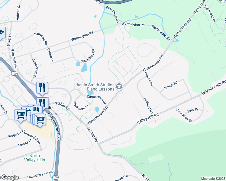 map of restaurants, bars, coffee shops, grocery stores, and more near 415 Newcomen Road in Exton
